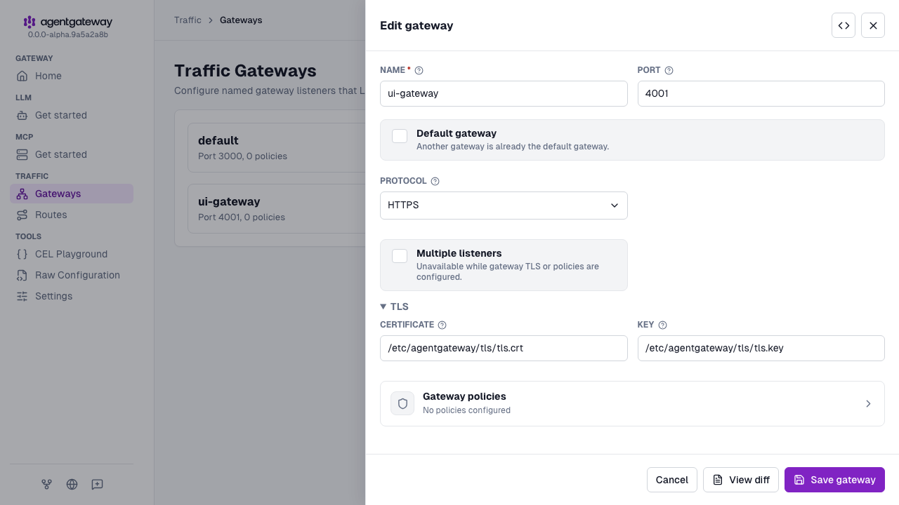 Edit gateway drawer for the ui-gateway gateway, set to HTTPS with the certificate and key from /etc/agentgateway/tls