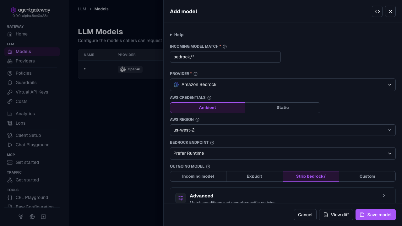 Add model drawer with Amazon Bedrock selected as the provider, bedrock/* as the incoming model match, Ambient as the AWS credentials, us-west-2 as the AWS region, and Prefer Runtime as the Bedrock endpoint