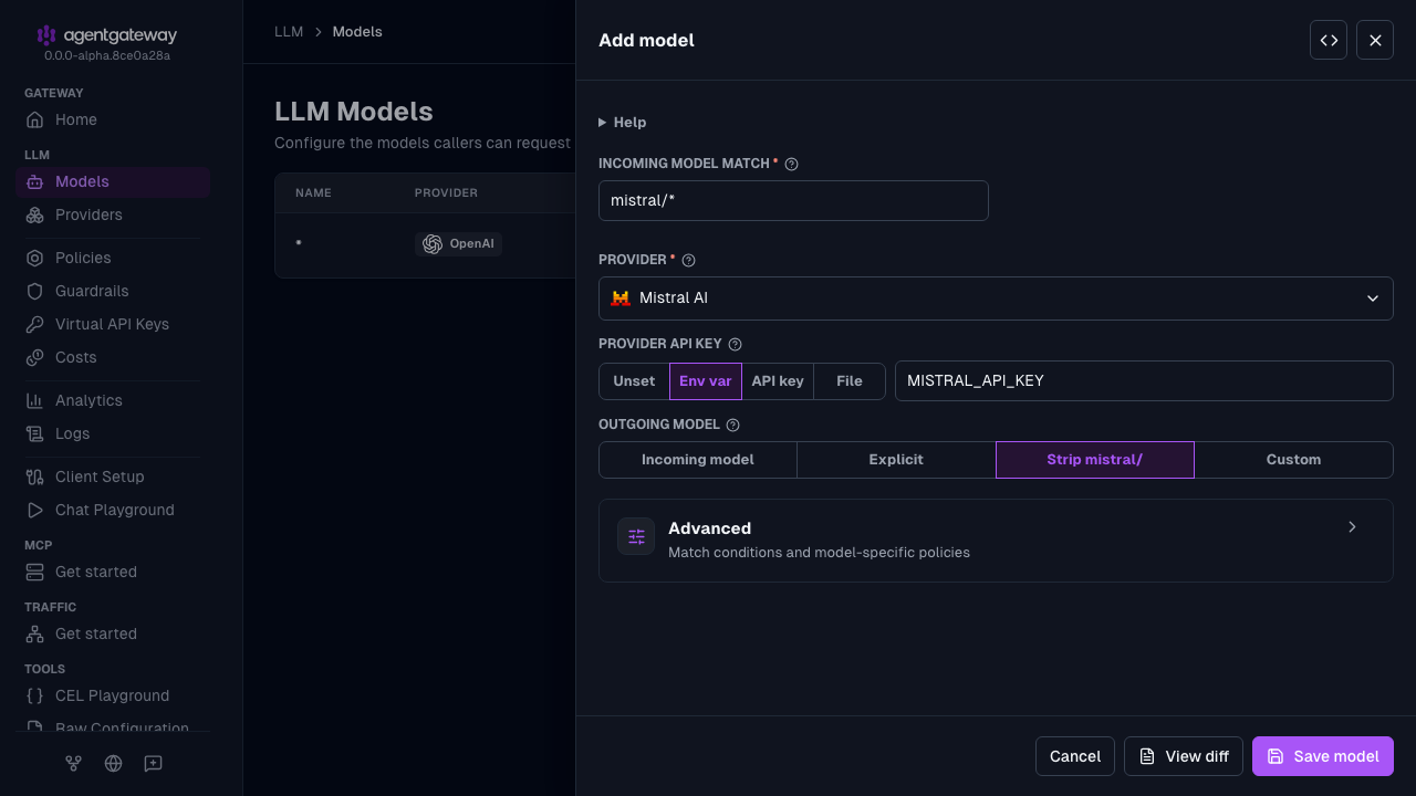 Add model drawer with Mistral AI selected as the provider, mistral/* as the incoming model match, and MISTRAL_API_KEY as the environment variable for the provider API key