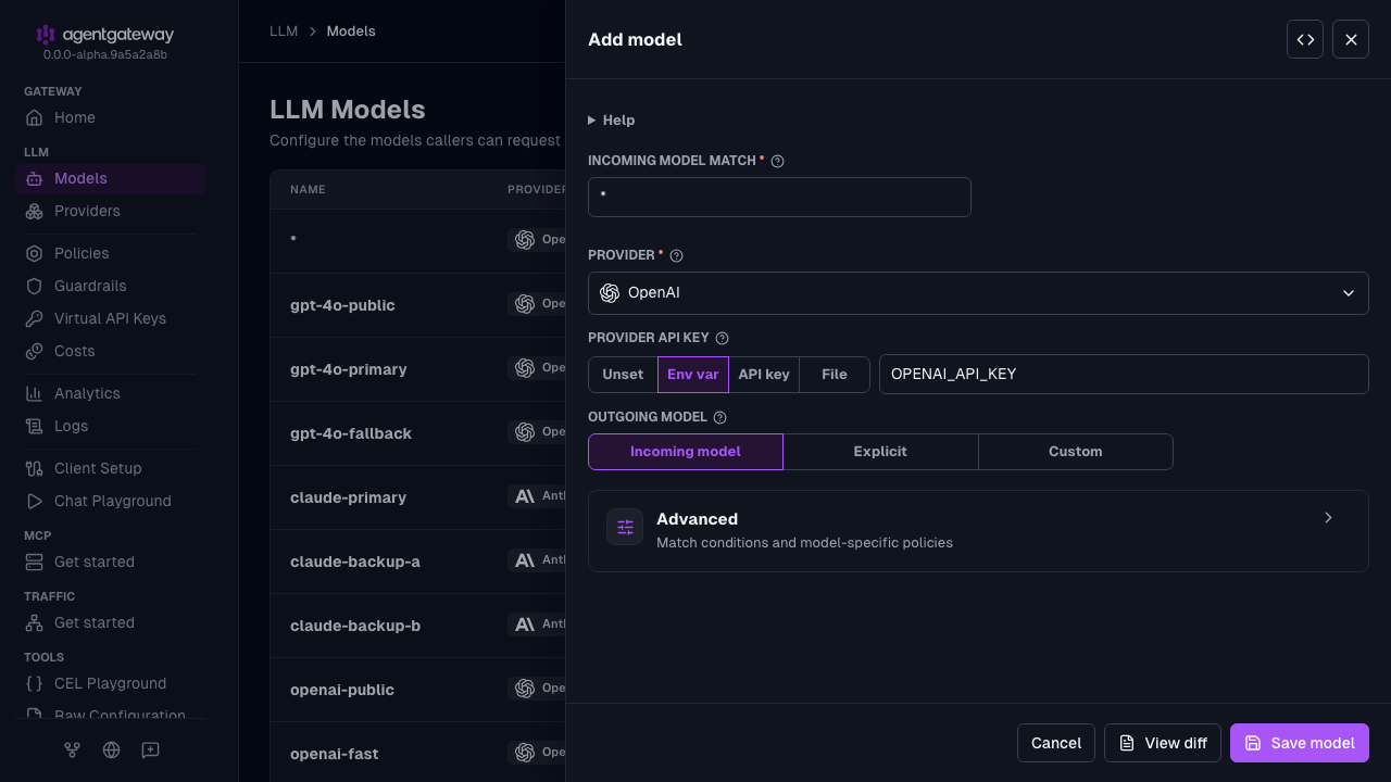 Add model drawer with the OpenAI provider, * as the incoming model match, and the provider API key read from the OPENAI_API_KEY environment variable