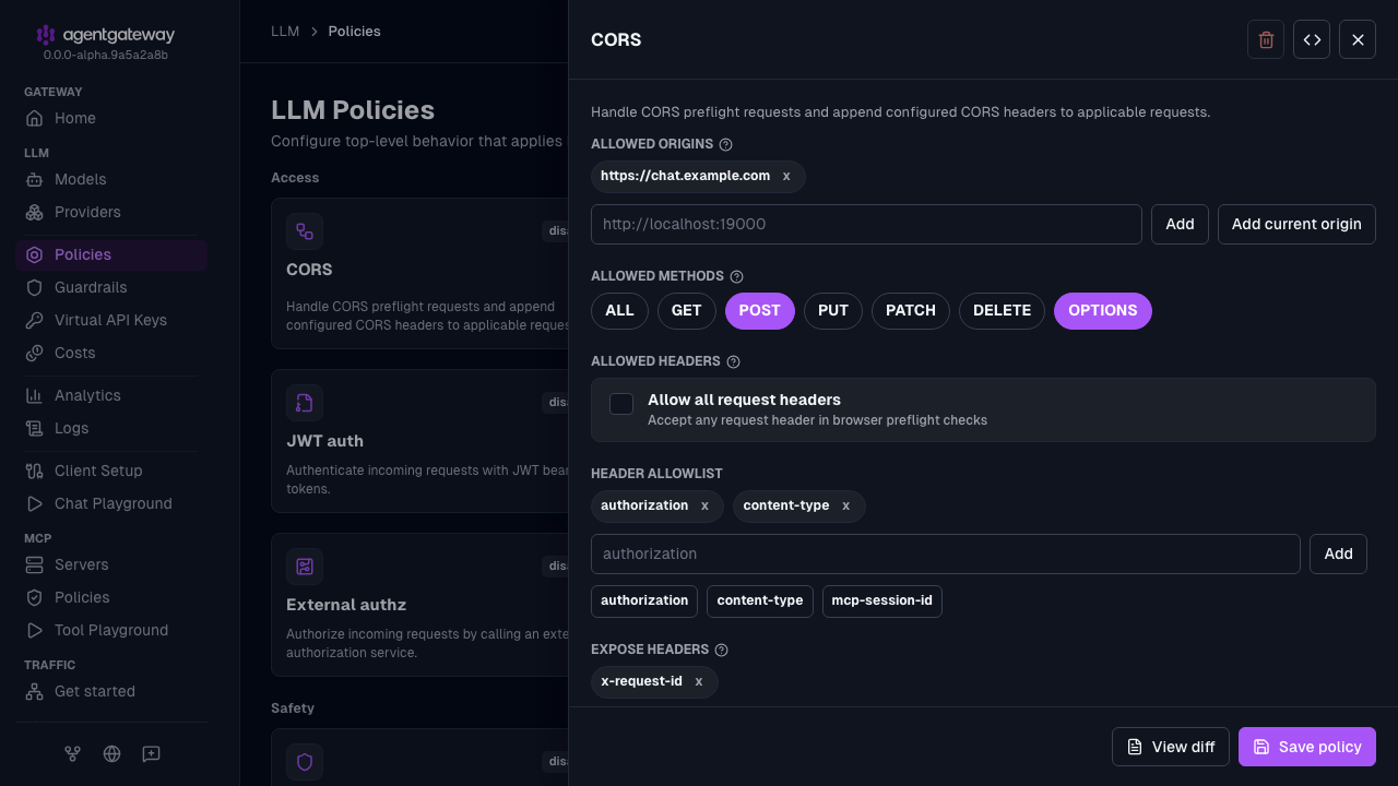 CORS policy drawer with the allowed origin, the POST and OPTIONS methods, and the authorization and content-type allowed headers