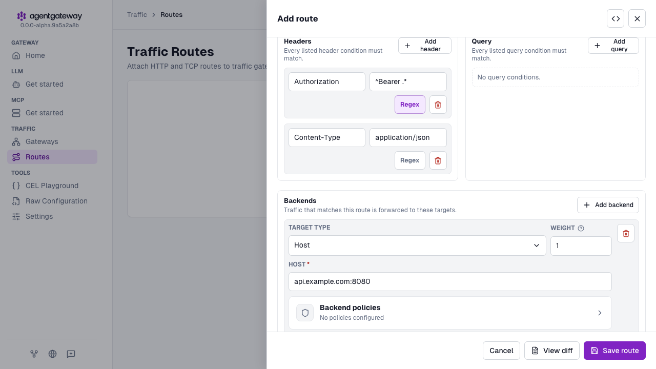 Add route drawer for the multi-header route with a regex Authorization header condition, an exact Content-Type header condition, and the backend