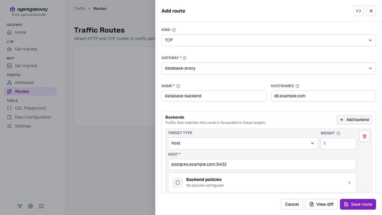 Add route drawer with the TCP kind, the database-proxy gateway, the database-backend route name, the db.example.com hostname, and the postgres.example.com:5432 backend