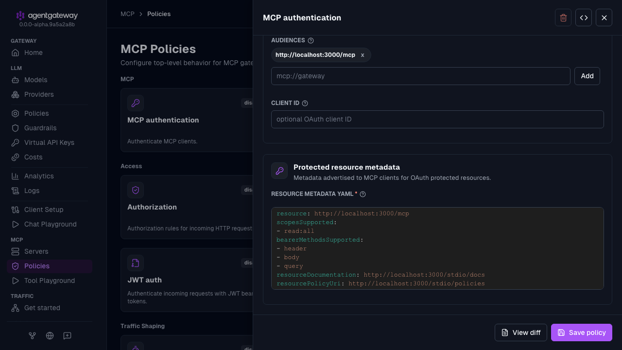MCP authentication drawer scrolled to the resource metadata YAML for the Keycloak setup