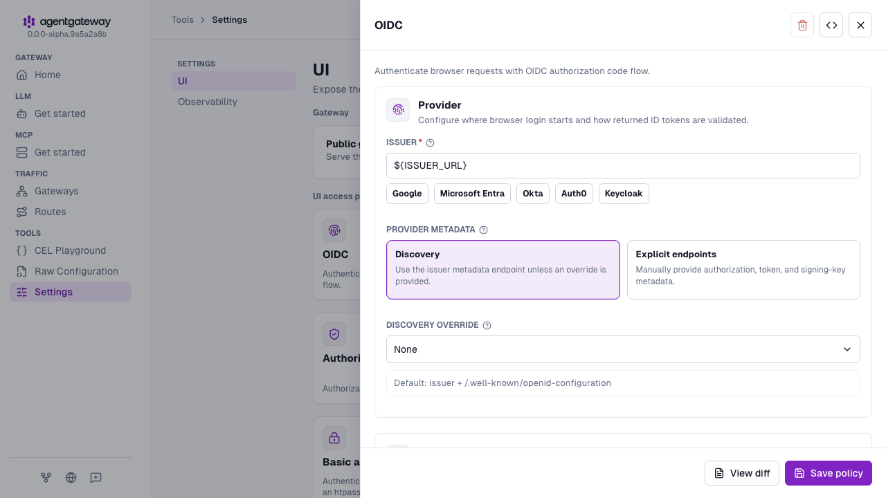UI OIDC settings drawer with the issuer URL from the ISSUER_URL environment variable
